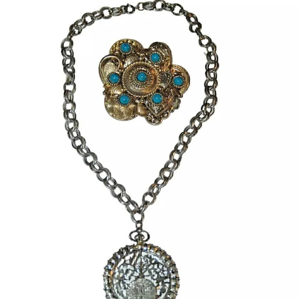 Vintage Gold Tone Turquoise Cluster Brooch Pendant Necklace – Statement Jewelry
